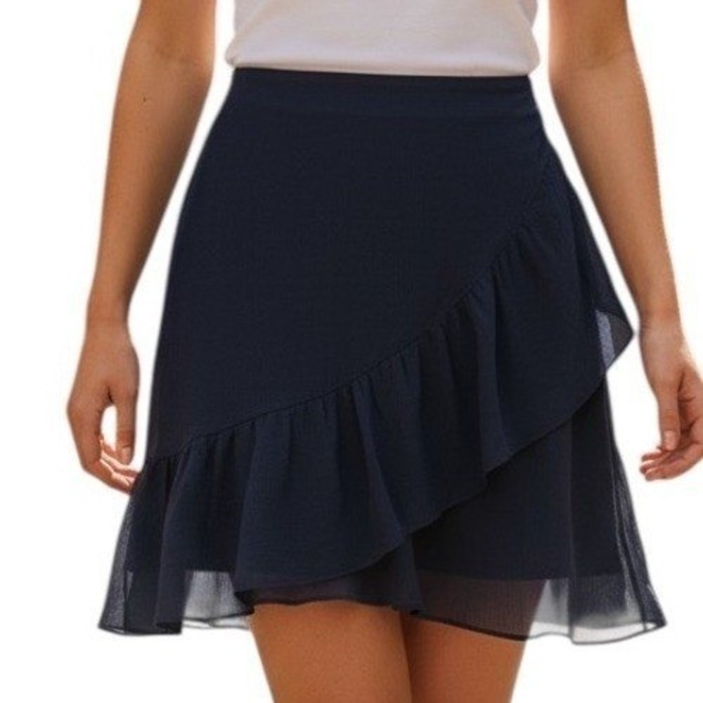 EXPRESS Black Chiffon Layered Faux Wrap Ruffle Trim‎ Mini Skirt EUC Size 4